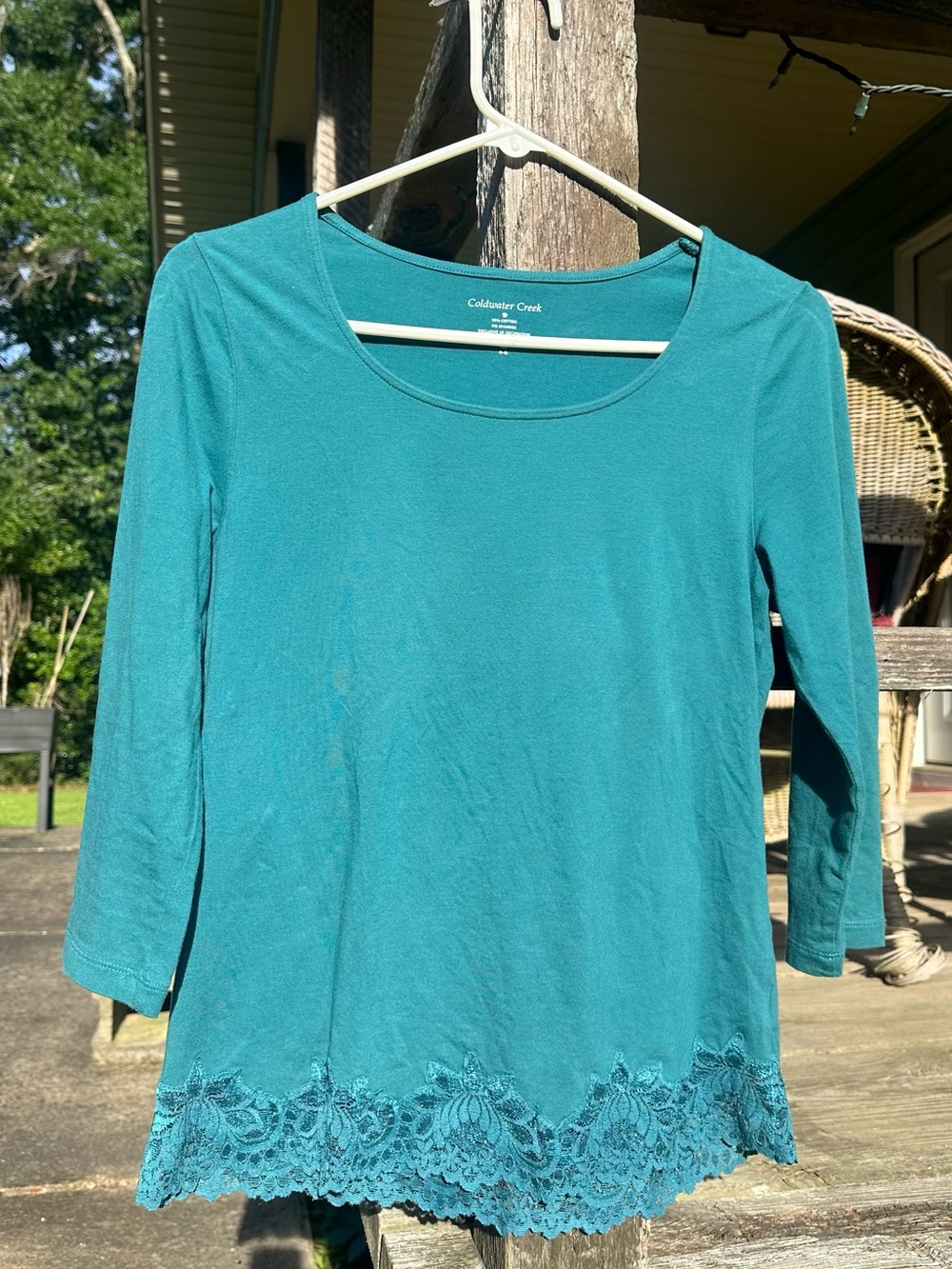 Coldwater Creek Teal Lace-Hem Scoop Neck Long Sleeve Top
